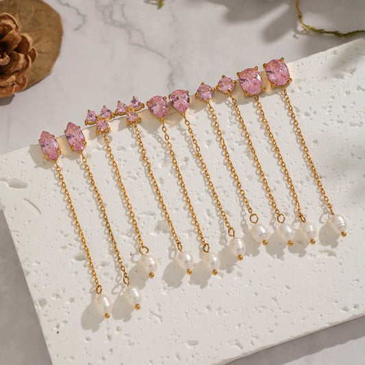 Stone & Pearl Chain Drop Earrings
