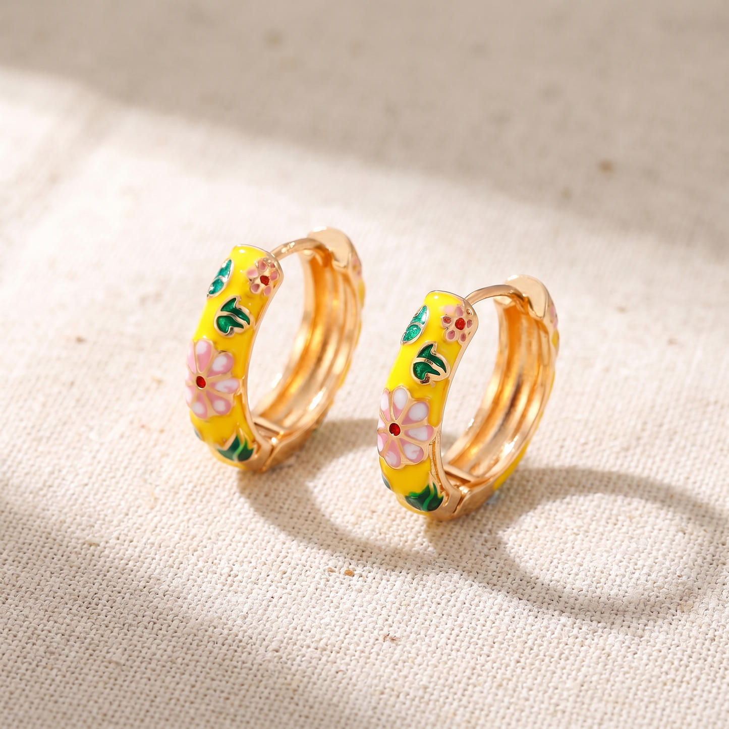 Gold Plated Floral Enamel Chunky Huggie Hoop Earrings