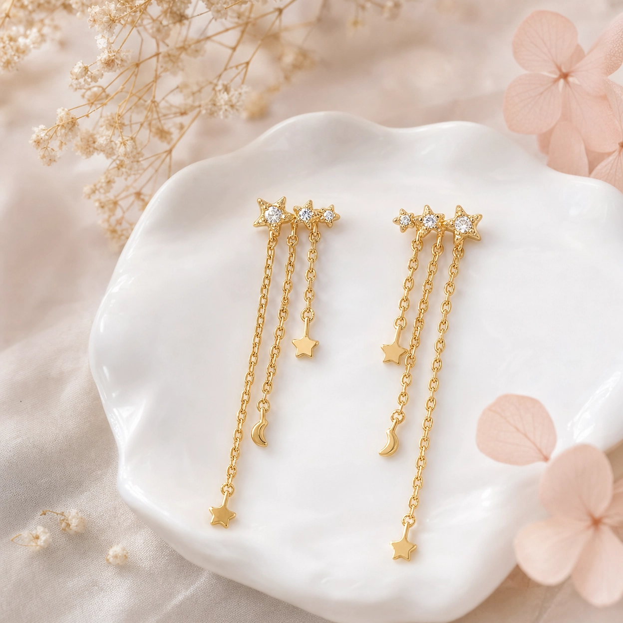 Celestial Star & Moon Chain Drop Earrings