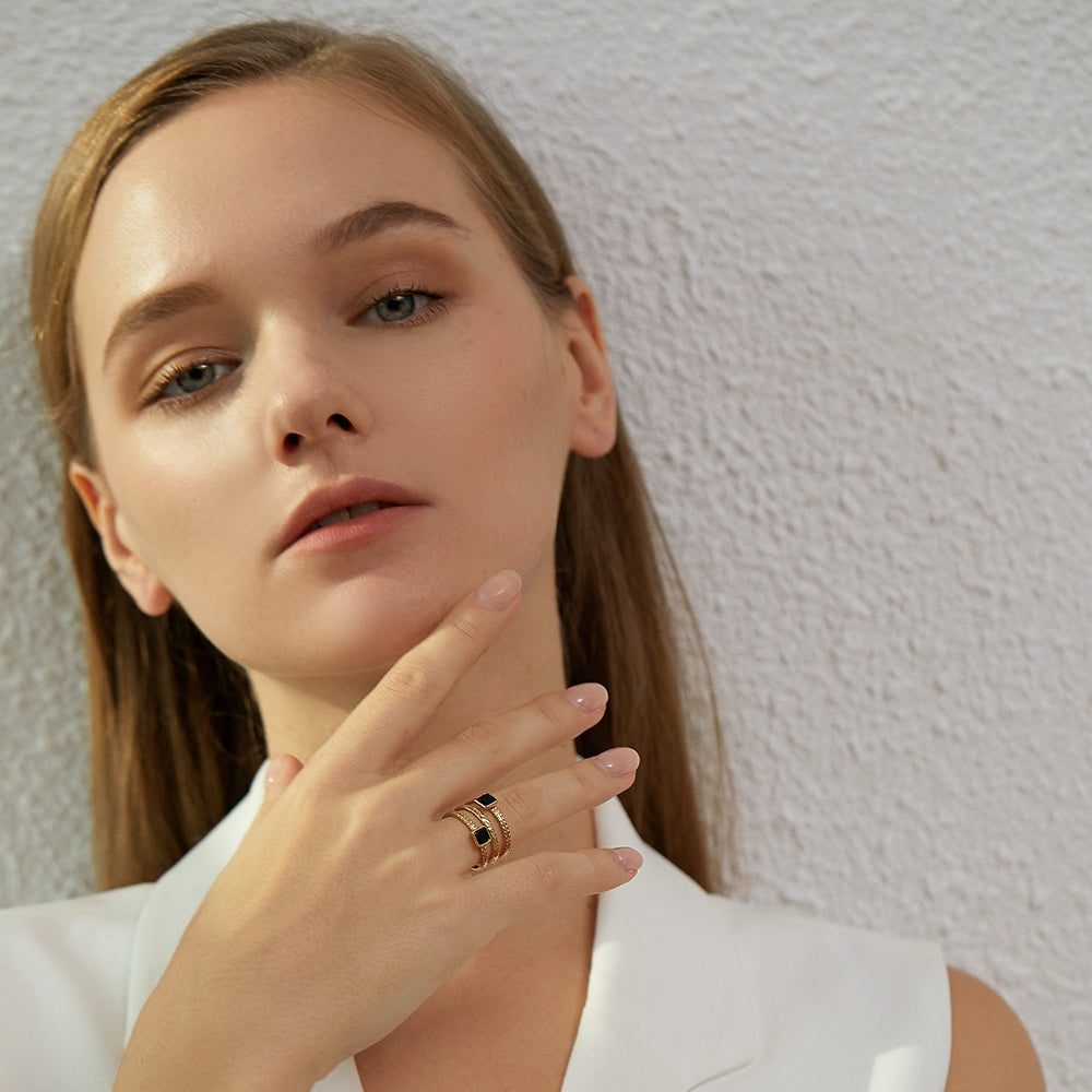 Modern Textured Triple Band Black Square Adjustable Ring