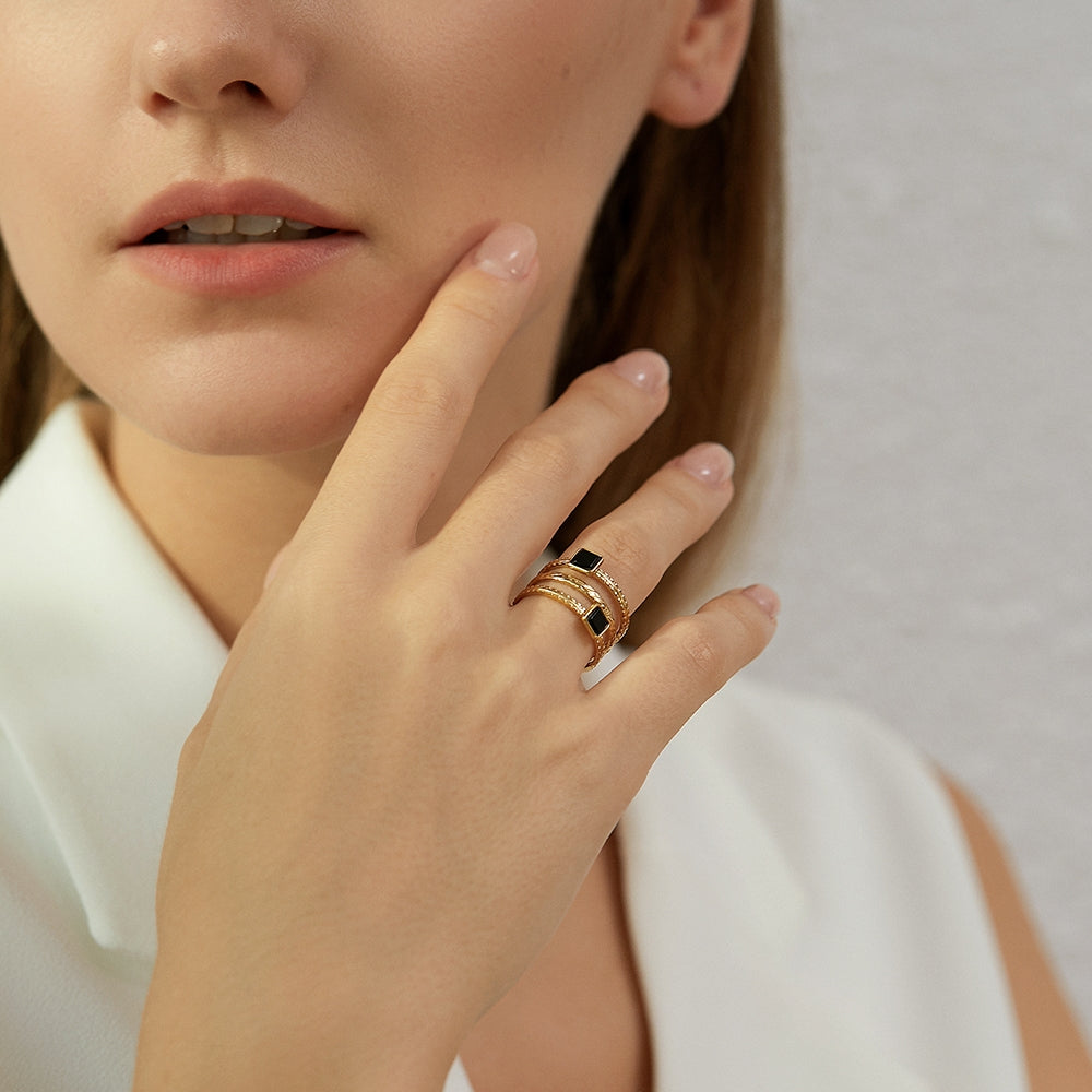 Modern Textured Triple Band Black Square Adjustable Ring