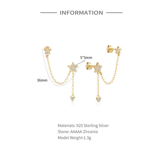 925 Sterling Silver CZ Star Chain Earrings