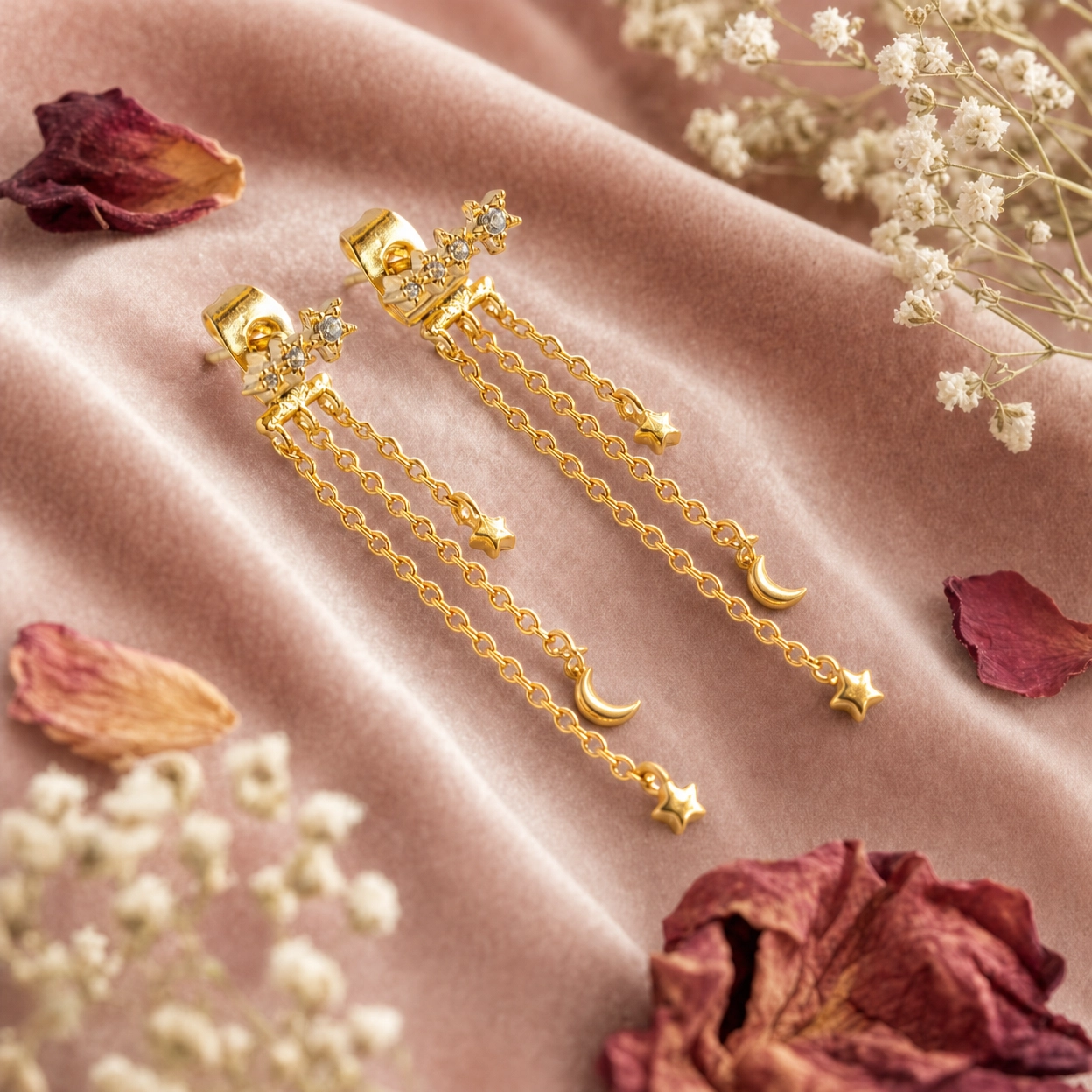 Celestial Star & Moon Chain Drop Earrings