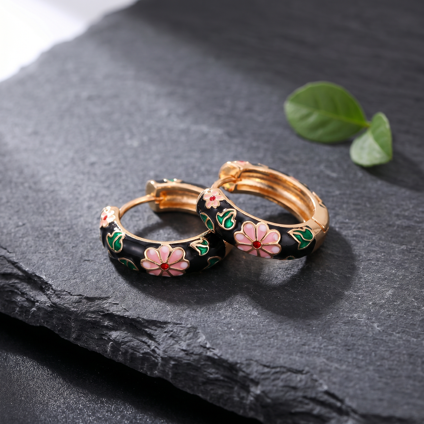 Gold Plated Floral Enamel Chunky Huggie Hoop Earrings