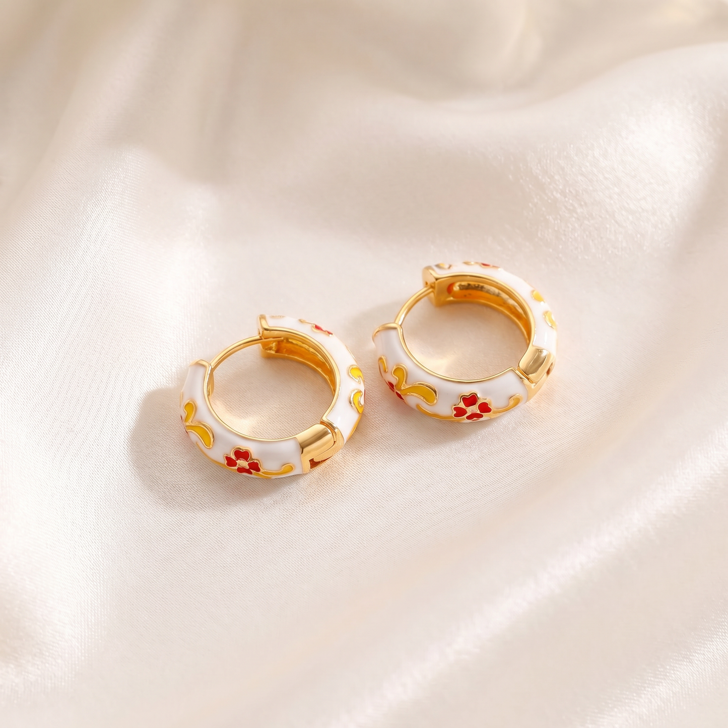 Gold Plated Floral Enamel Chunky Huggie Hoop Earrings