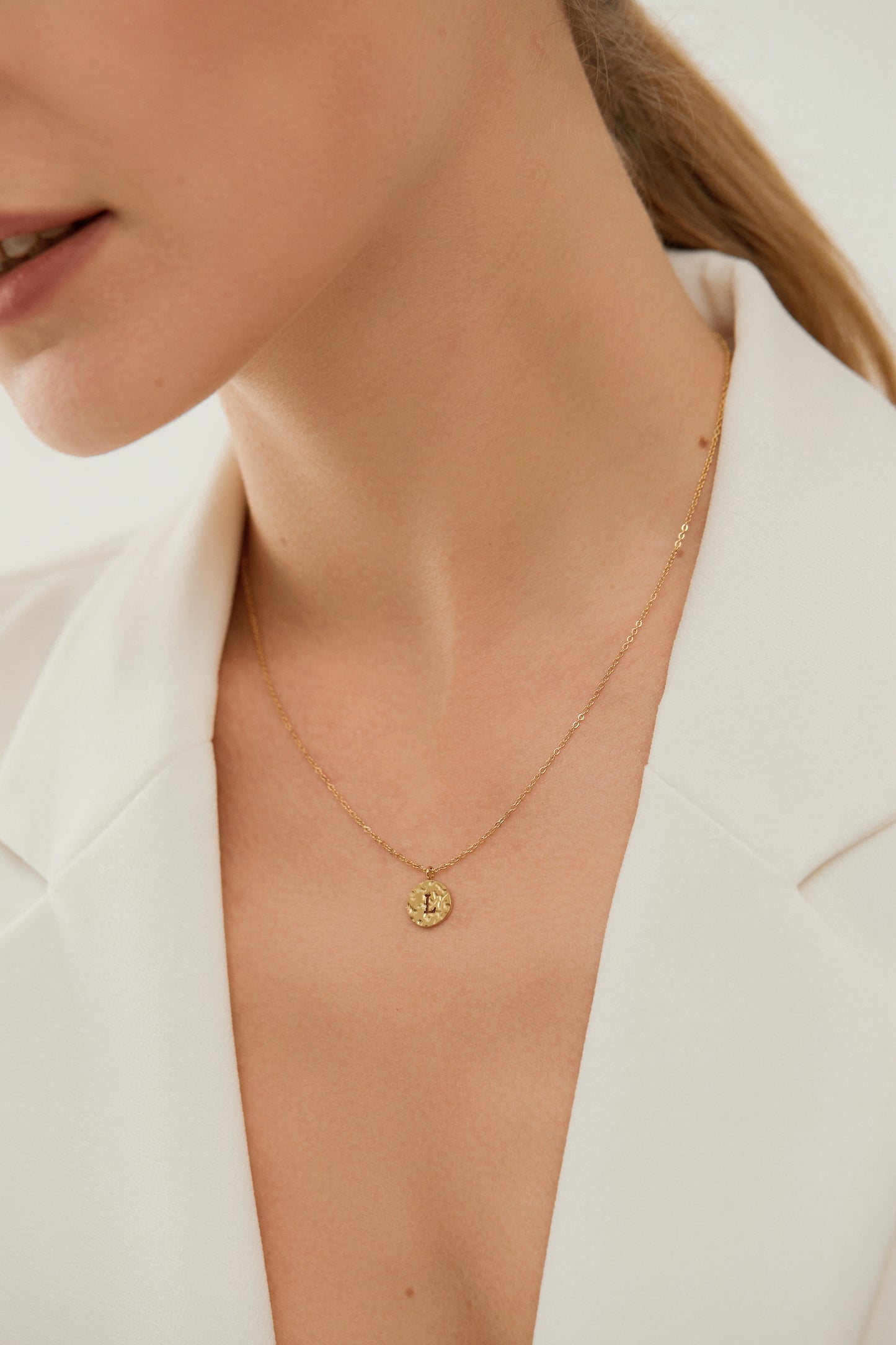 Minimalist Gold Hammered Initial Coin Pendant Necklace