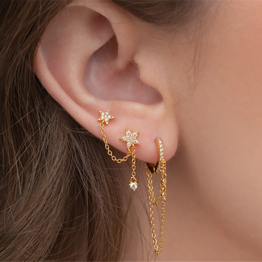 925 Sterling Silver CZ Star Chain Earrings