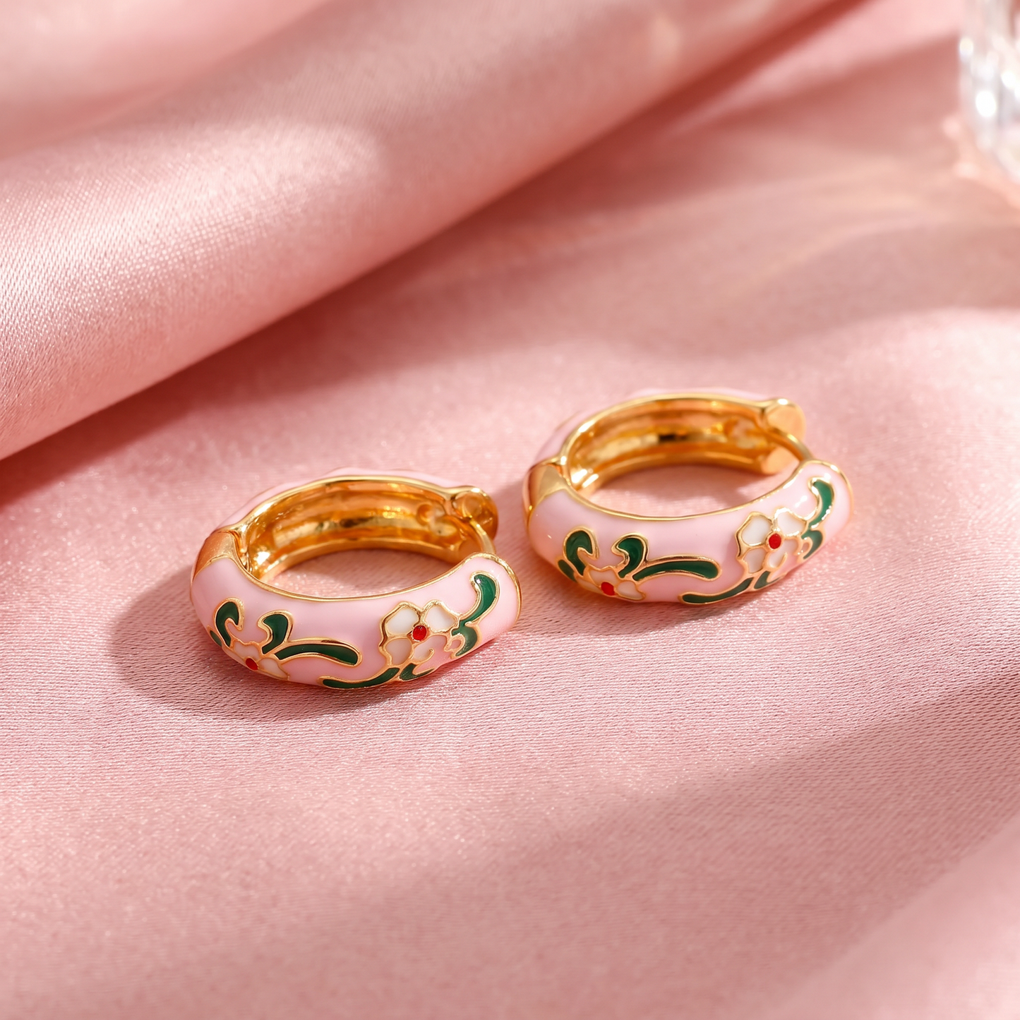 Gold Plated Floral Enamel Chunky Huggie Hoop Earrings