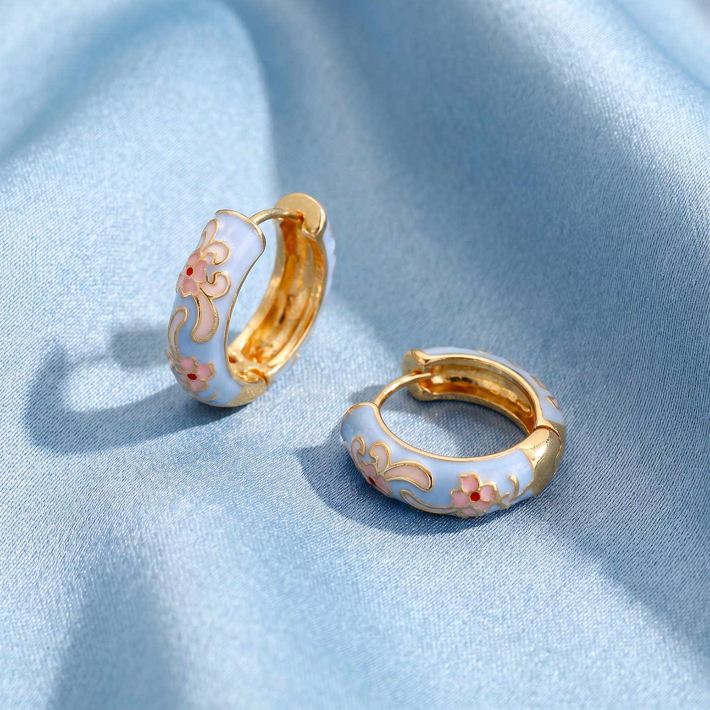 Gold Plated Floral Enamel Chunky Huggie Hoop Earrings