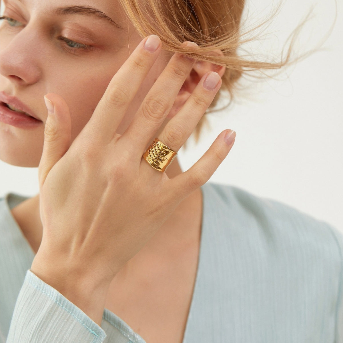 Gold Wide Hammered Cutout Adjustable Statement Ring