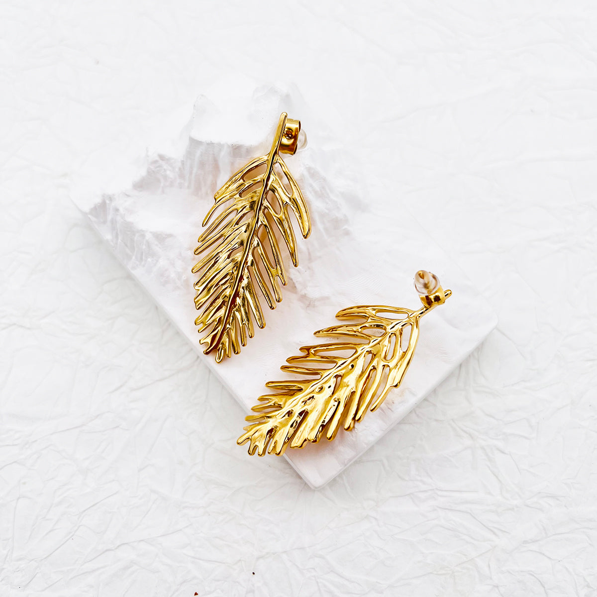 Large Gold Tropical Palm Leaf Stud Earrings