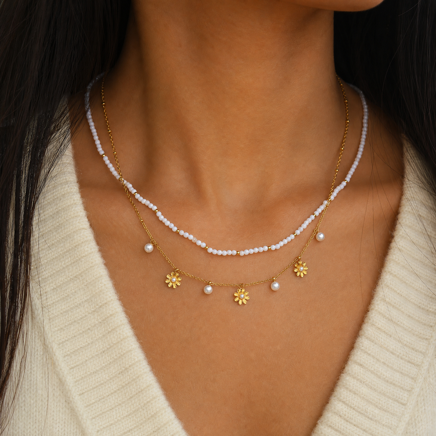 18K Gold Plated Daisy Pearl Dainty Layering Necklace