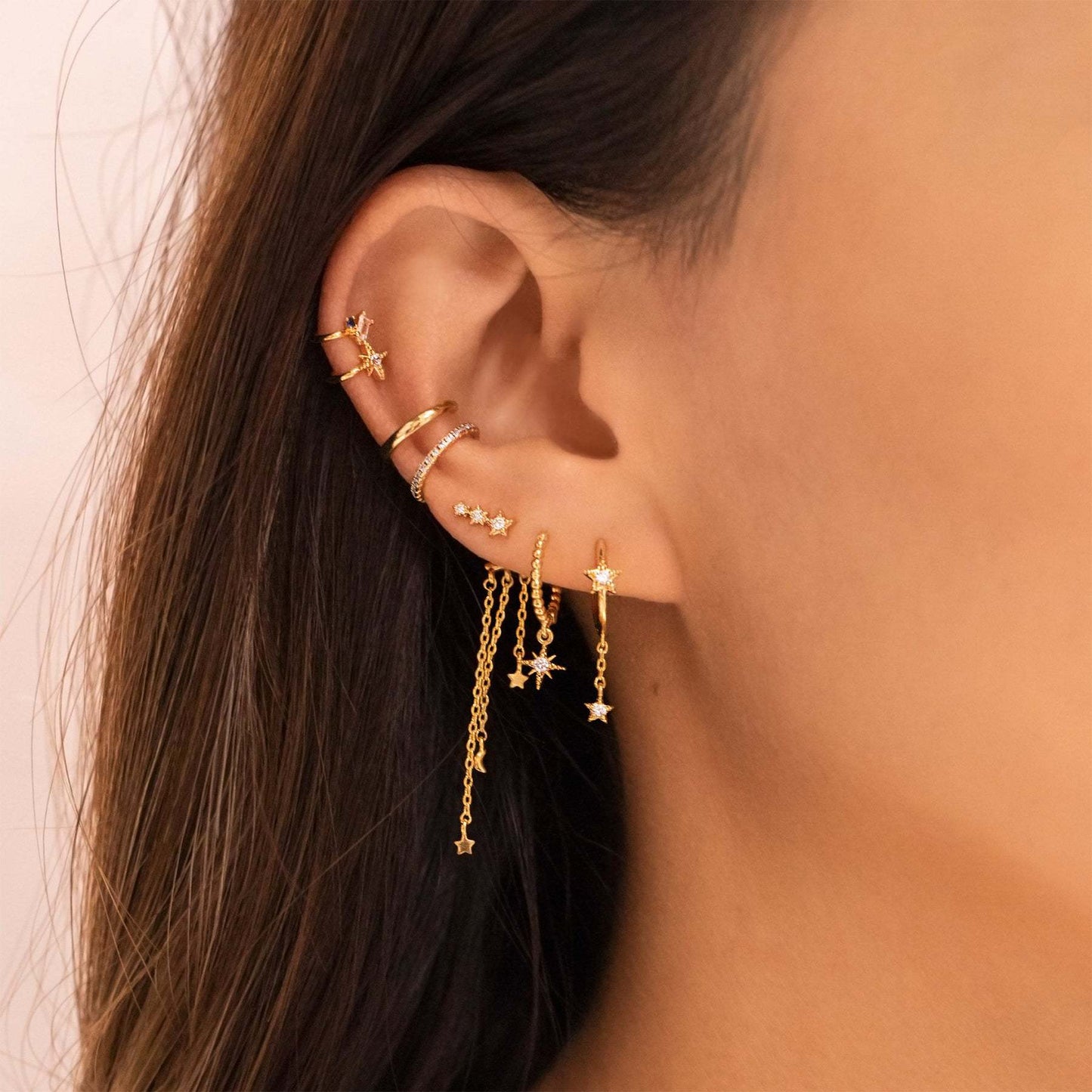 Celestial Star & Moon Chain Drop Earrings