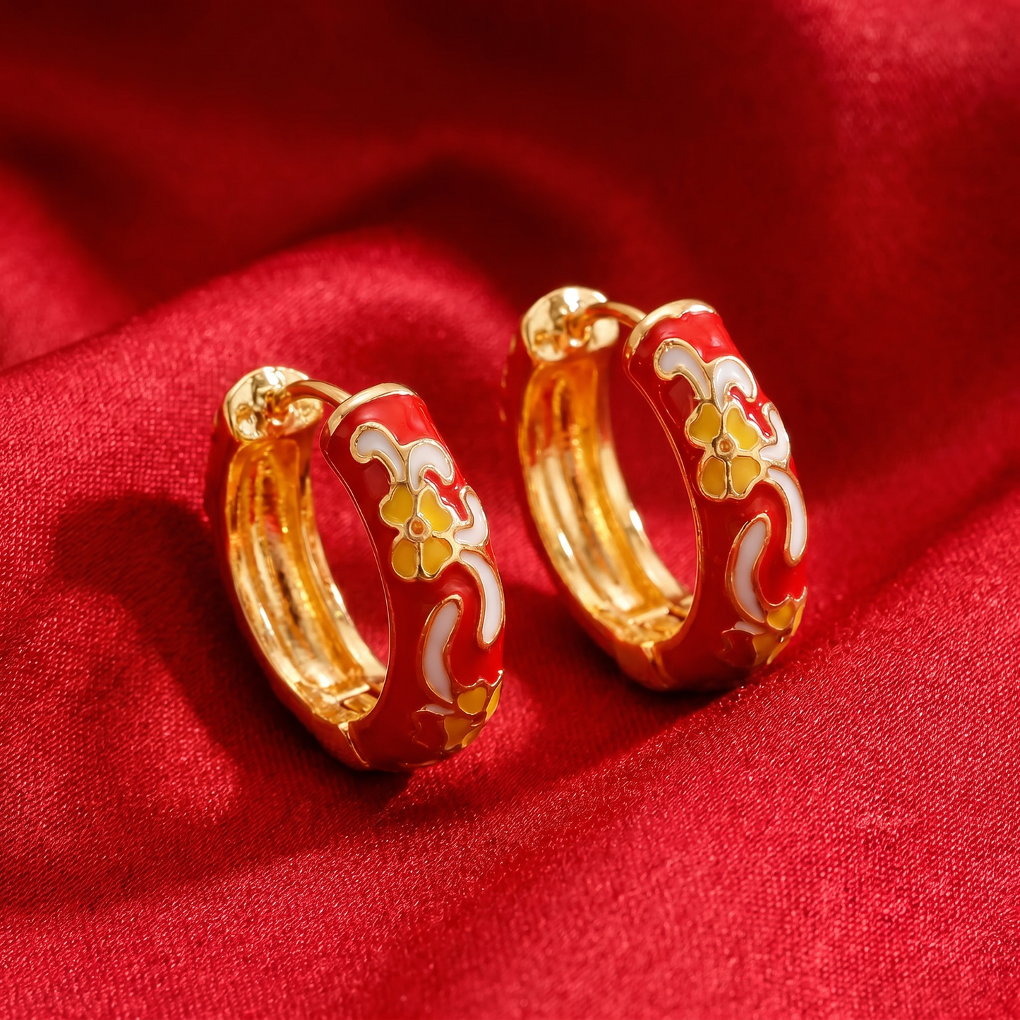 Gold Plated Floral Enamel Chunky Huggie Hoop Earrings