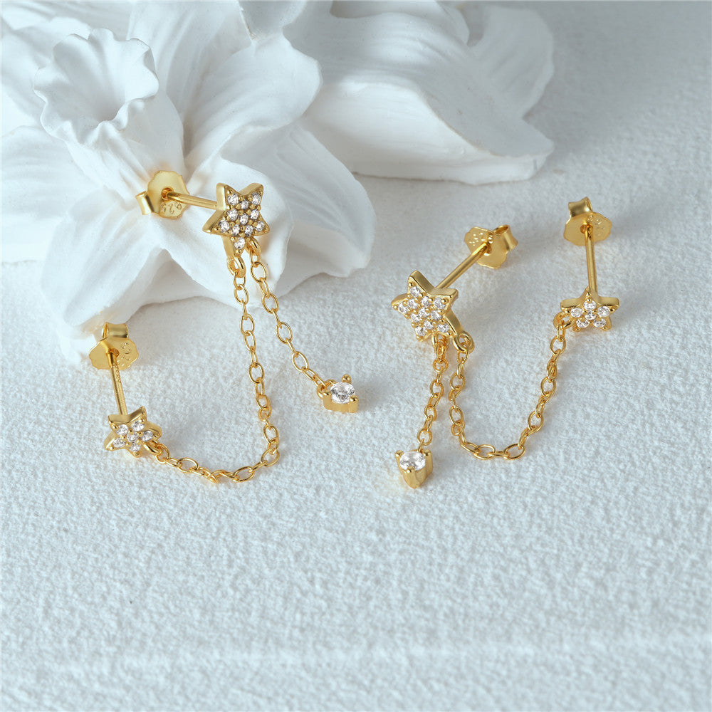 925 Sterling Silver CZ Star Chain Earrings