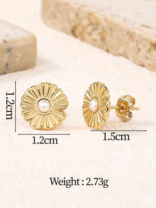 Tiny Pearl Sun Flower Stud Earrings