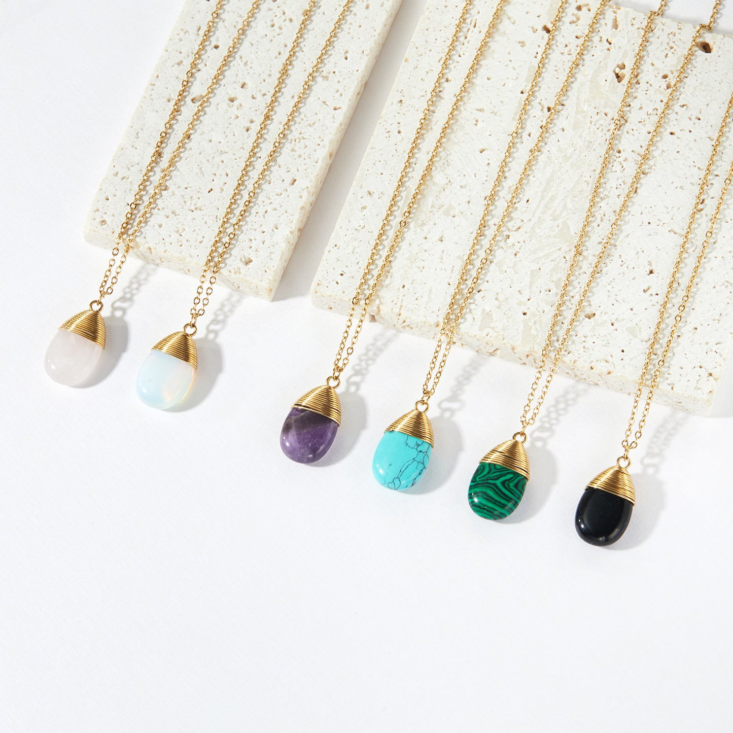 Wire Wrapped Gemstone Teardrop Pendant Gold Layering Necklace