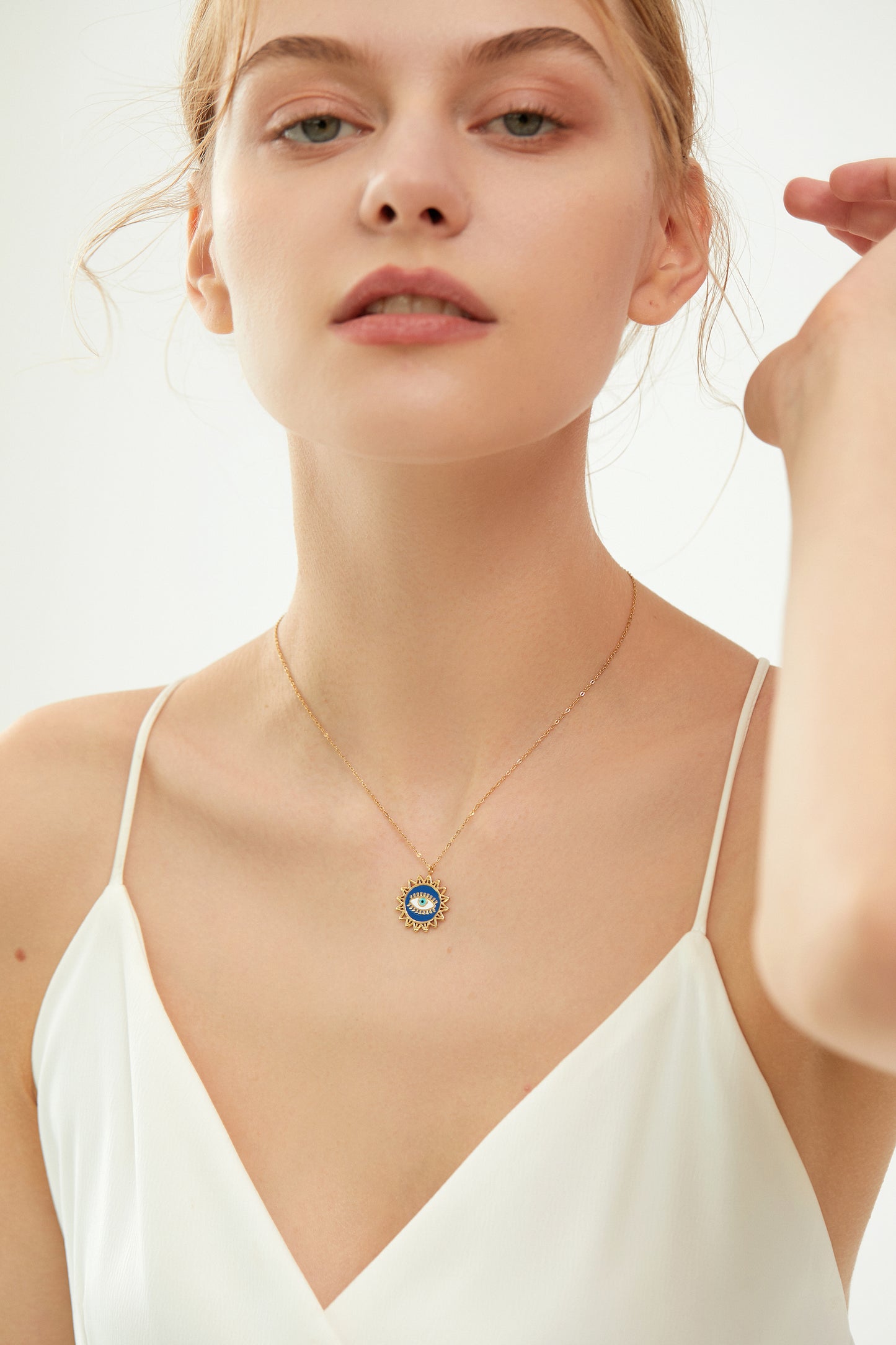 Gold Blue Enamel Evil Eye Sunburst Pendant Necklace