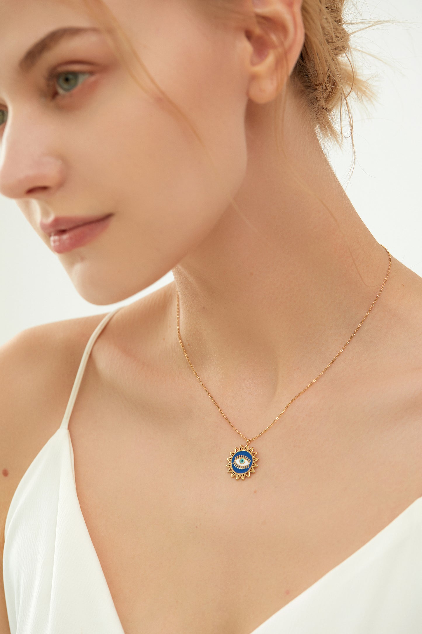 Gold Blue Enamel Evil Eye Sunburst Pendant Necklace