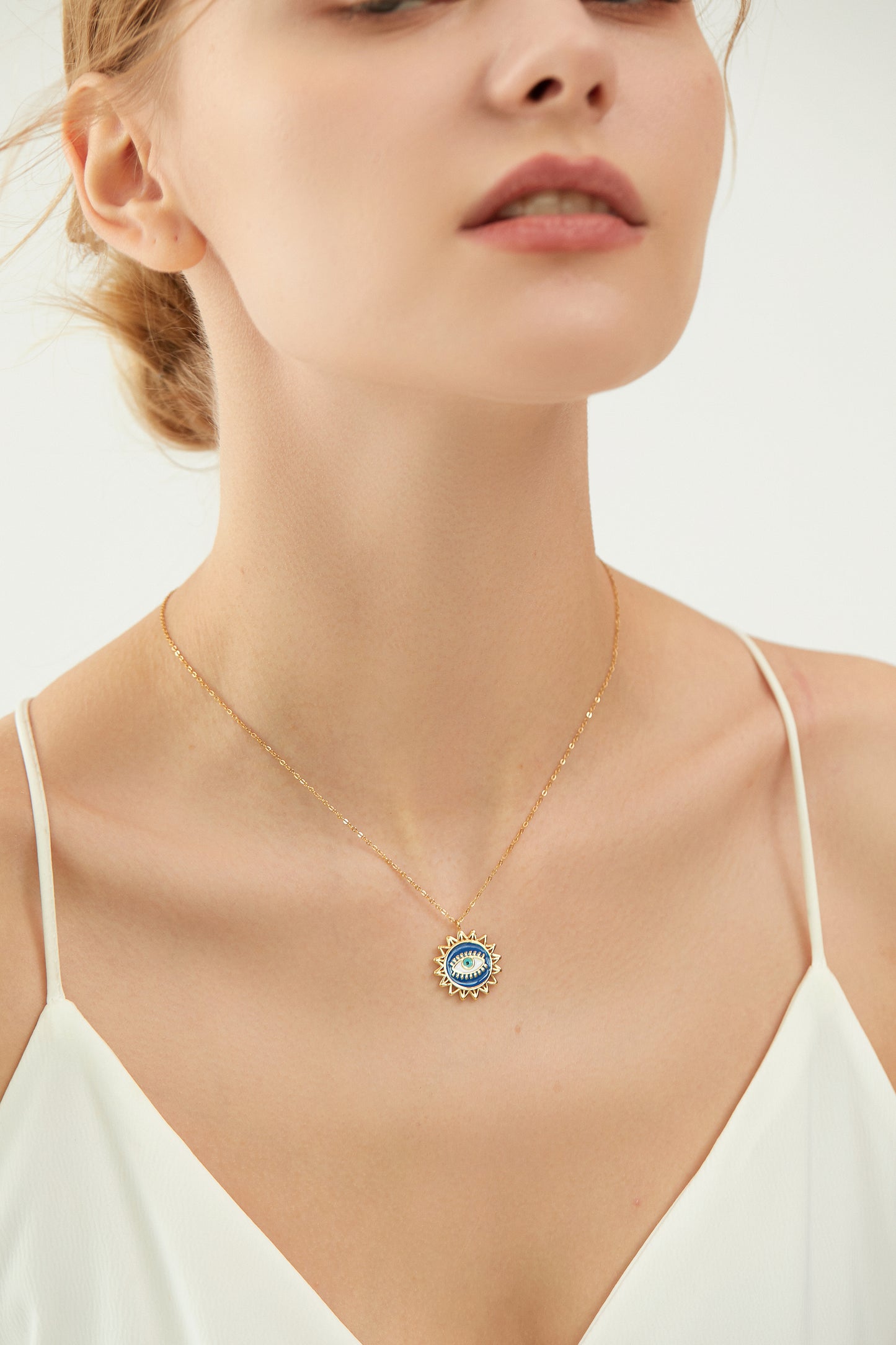 Gold Blue Enamel Evil Eye Sunburst Pendant Necklace