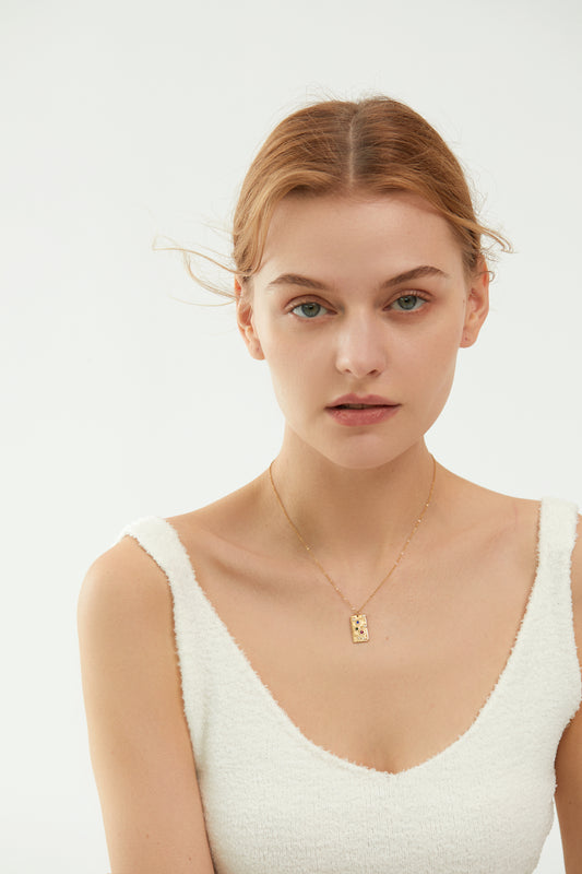 Gold Pendant Necklace with Colorful CZ