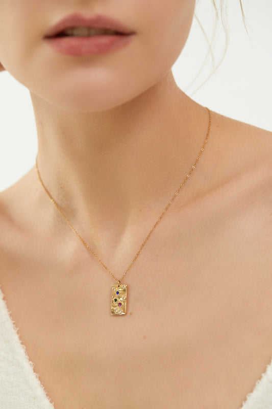 Gold Pendant Necklace with Colorful CZ