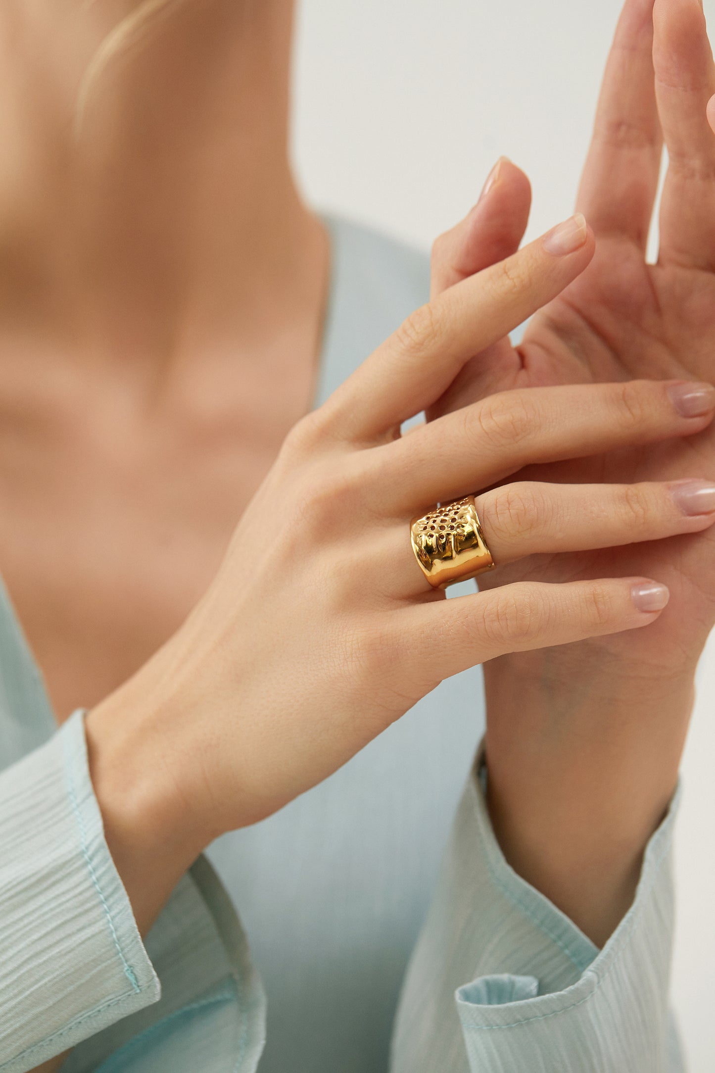 Gold Wide Hammered Cutout Adjustable Statement Ring