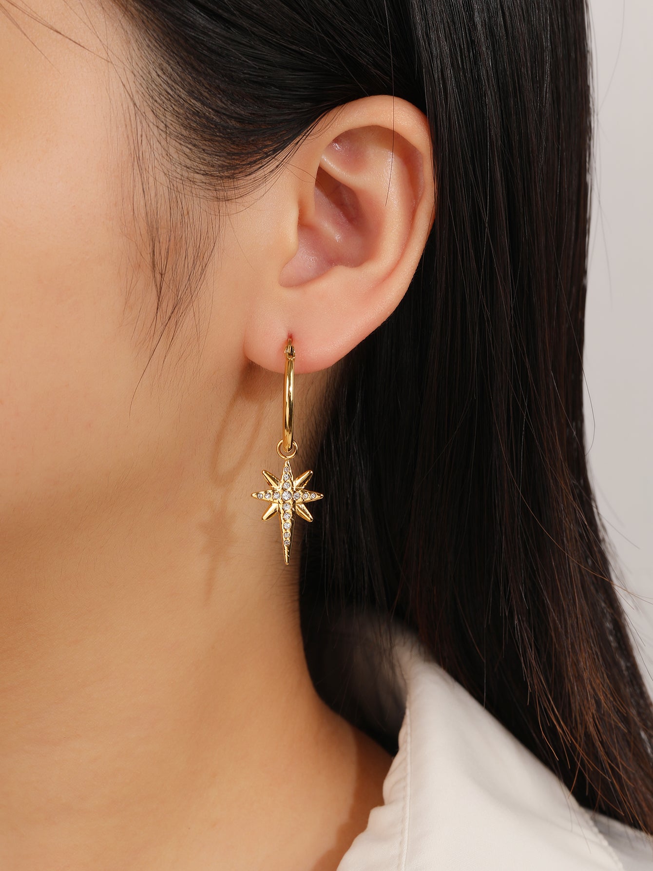 Gold Pave North Star Dangle Hoop Earrings