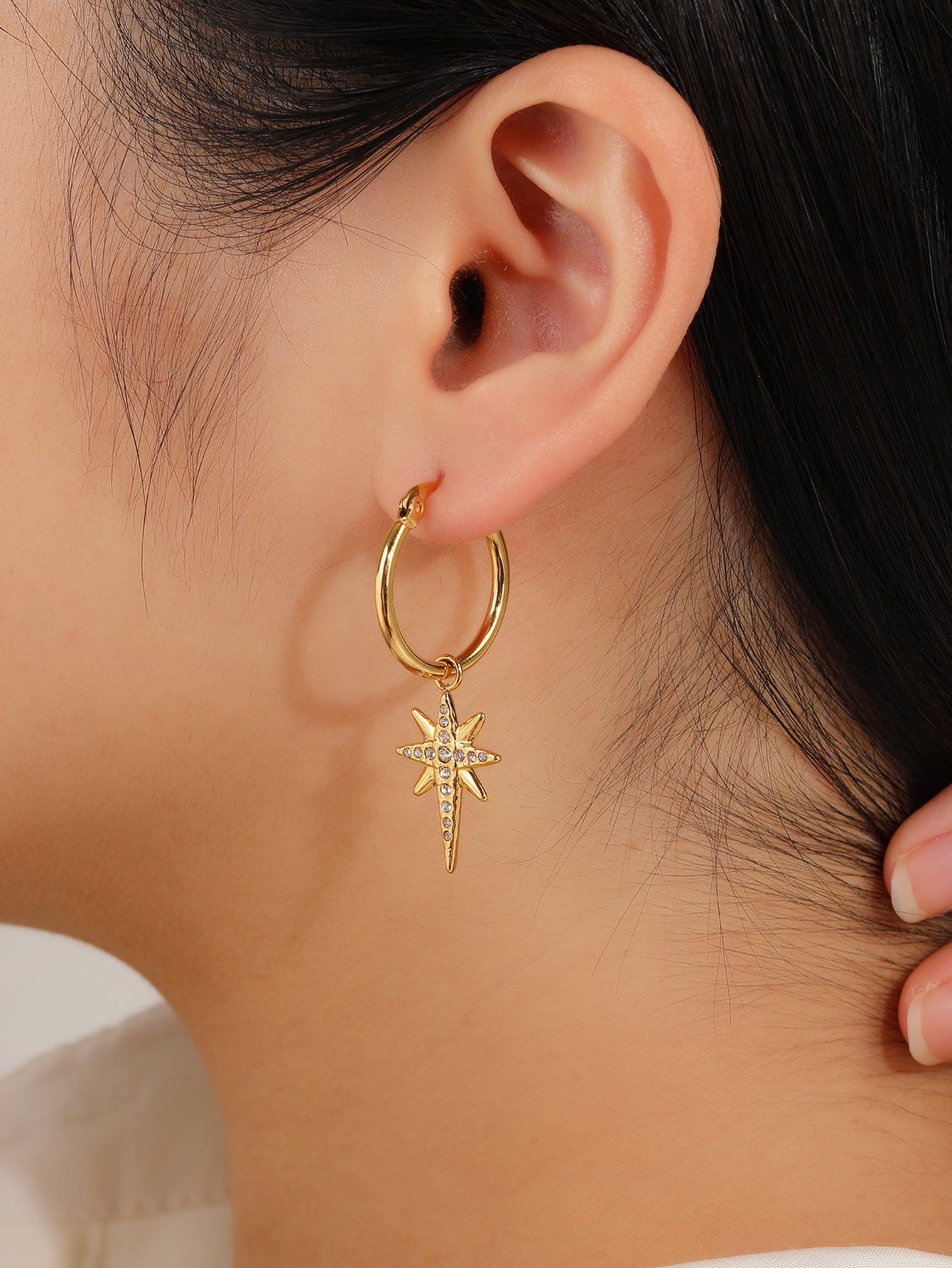 Gold Pave North Star Dangle Hoop Earrings