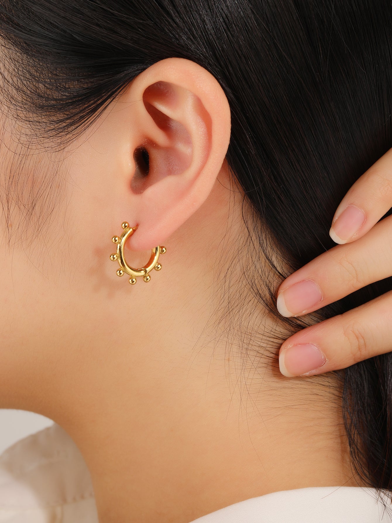 Minimalist Gold Beaded Huggie Hoop Stacking Earrings