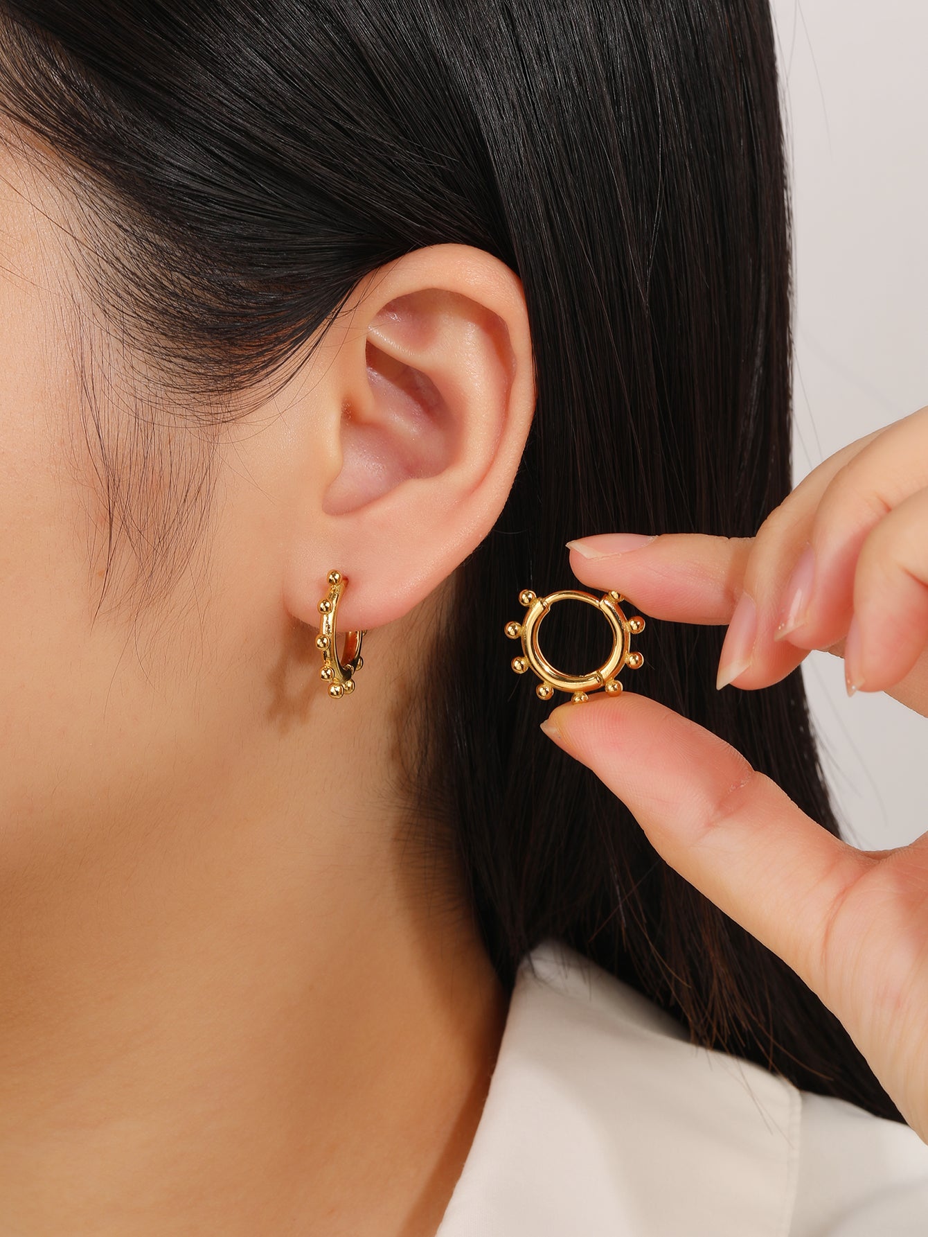 Minimalist Gold Beaded Huggie Hoop Stacking Earrings