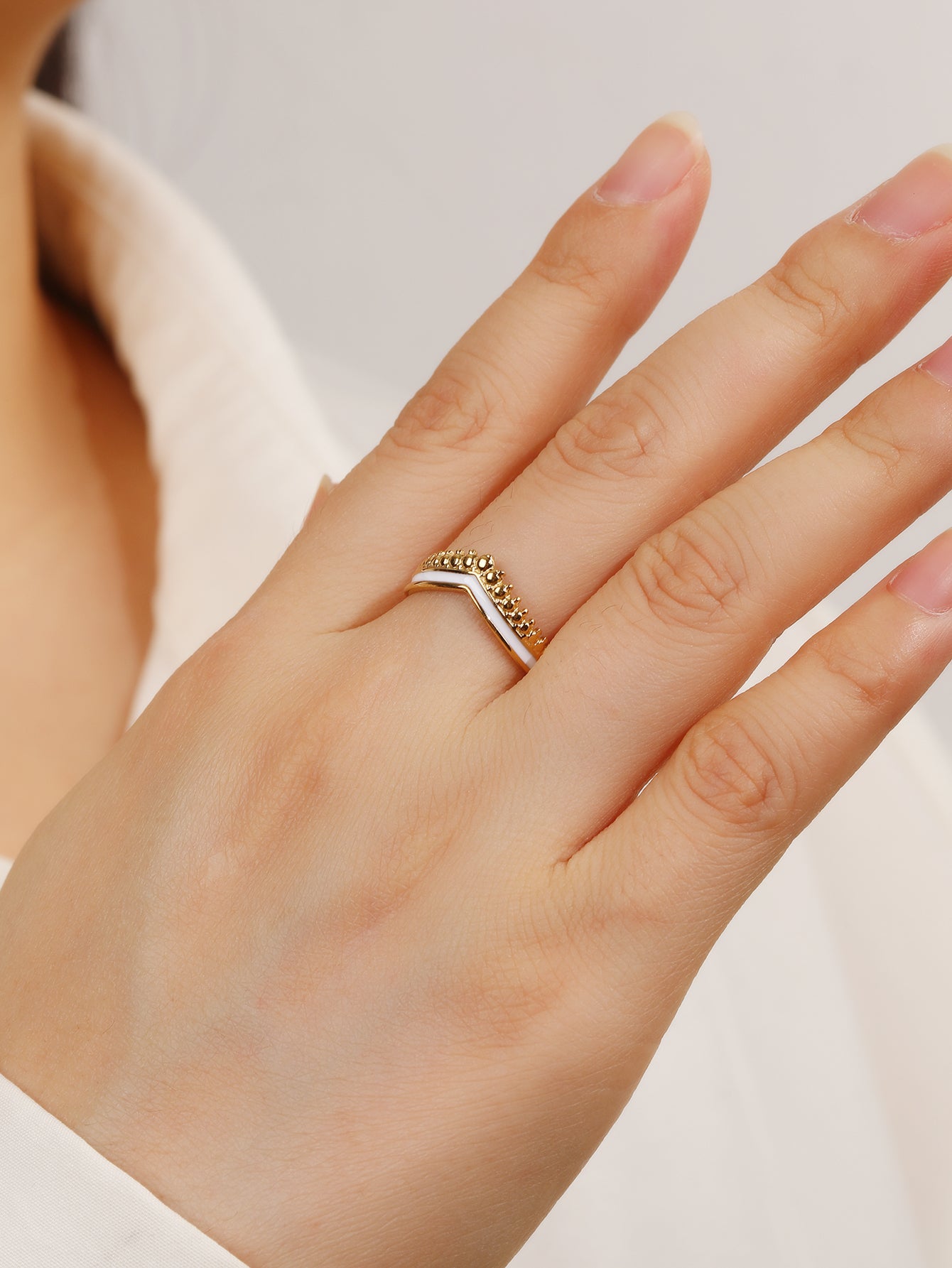 Minimalist Gold White Enamel Chevron Stacking Ring