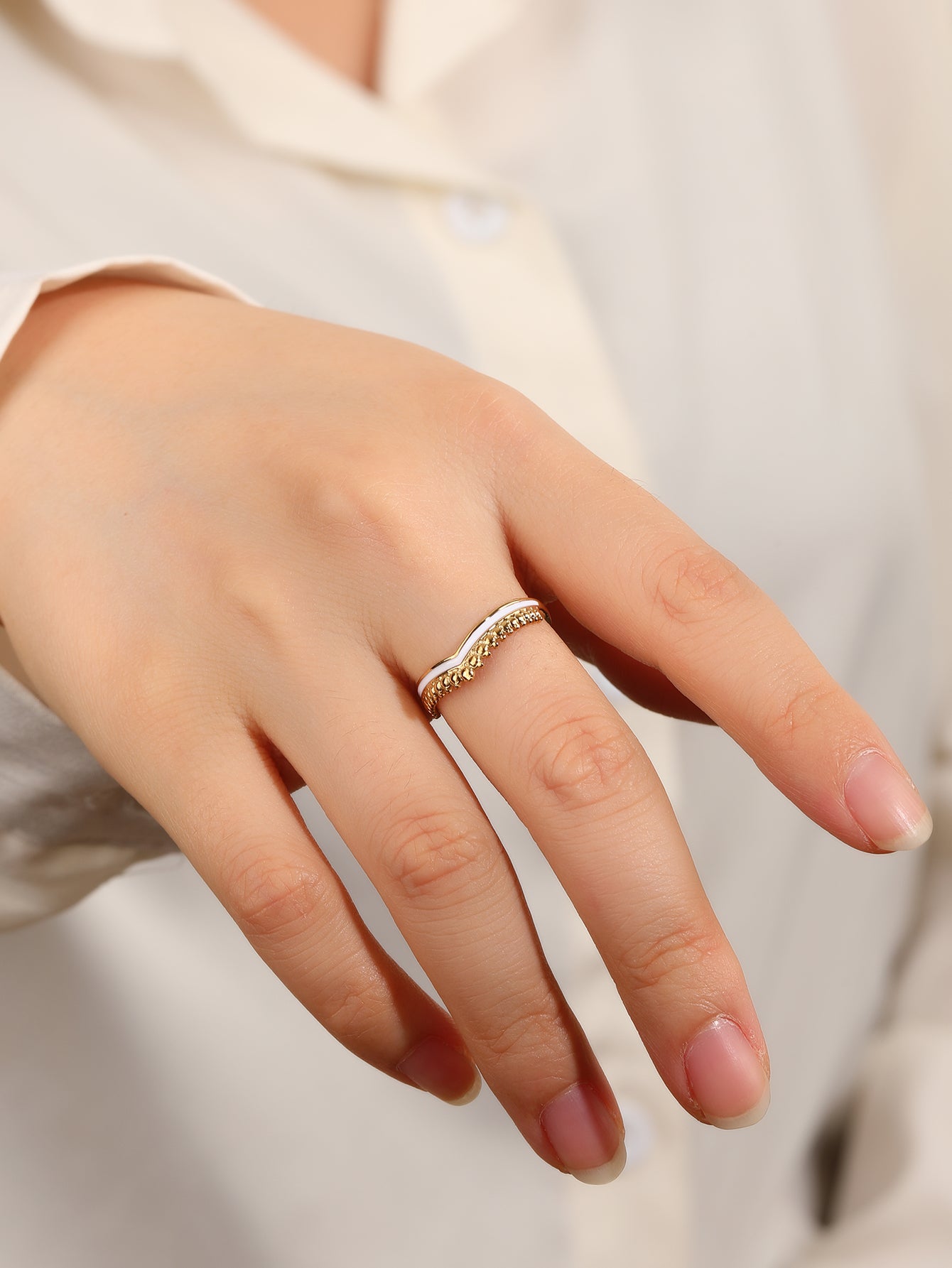 Minimalist Gold White Enamel Chevron Stacking Ring
