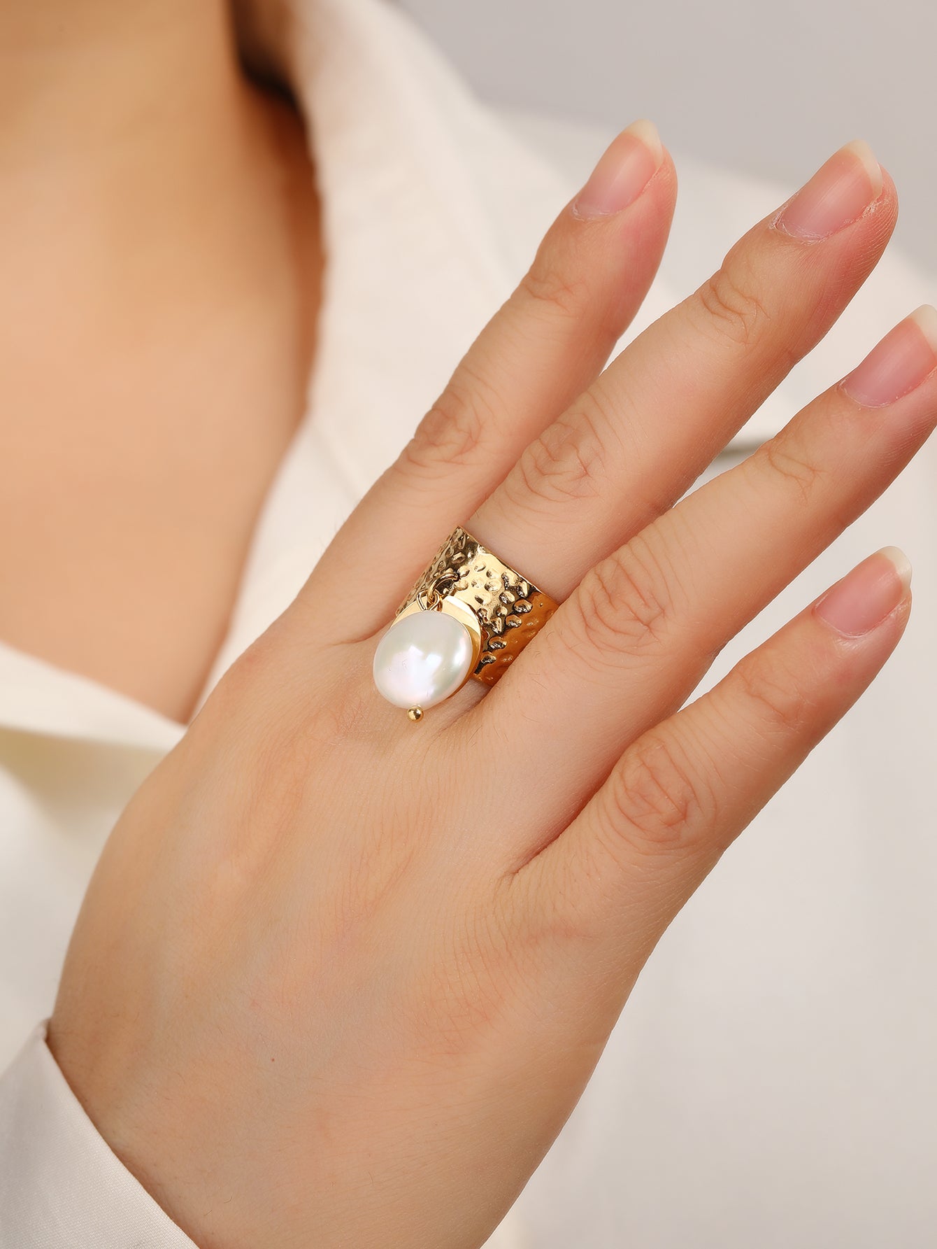 Gold Hammered Pearl Charm Wide Statement Ring