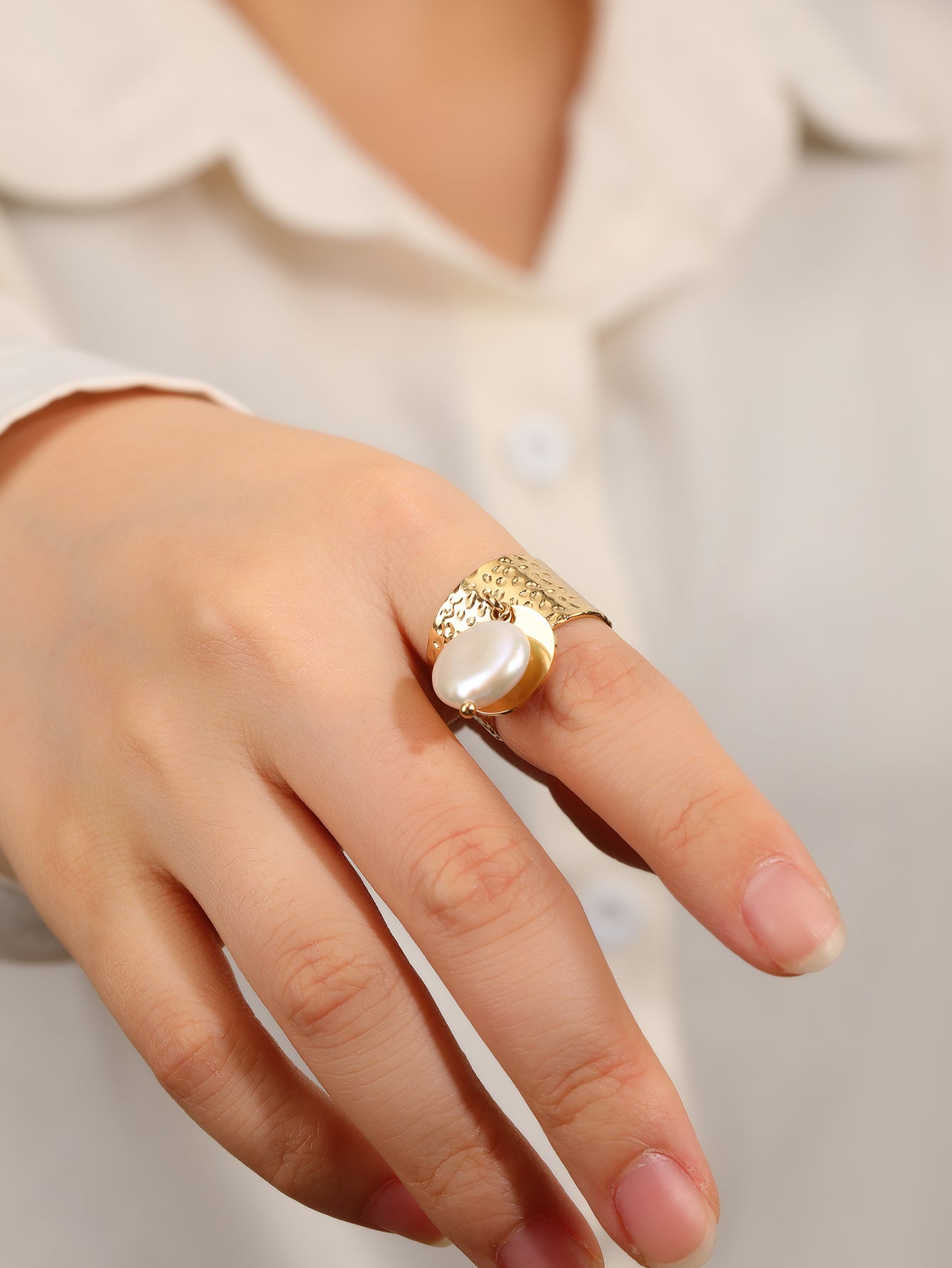 Gold Hammered Pearl Charm Wide Statement Ring