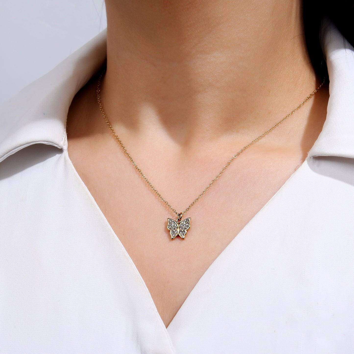 Dainty Pave Crystal Butterfly Pendant Gold Necklace
