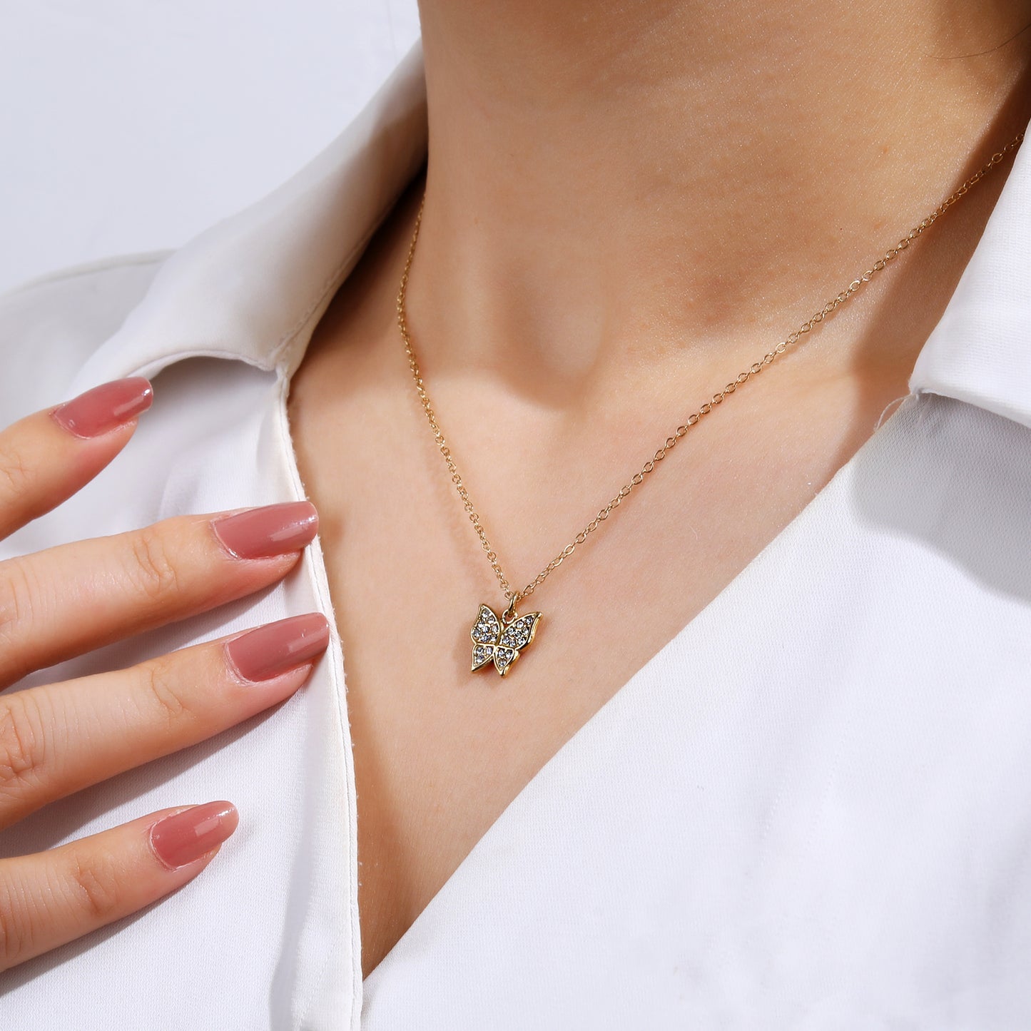 Dainty Pave Crystal Butterfly Pendant Gold Necklace