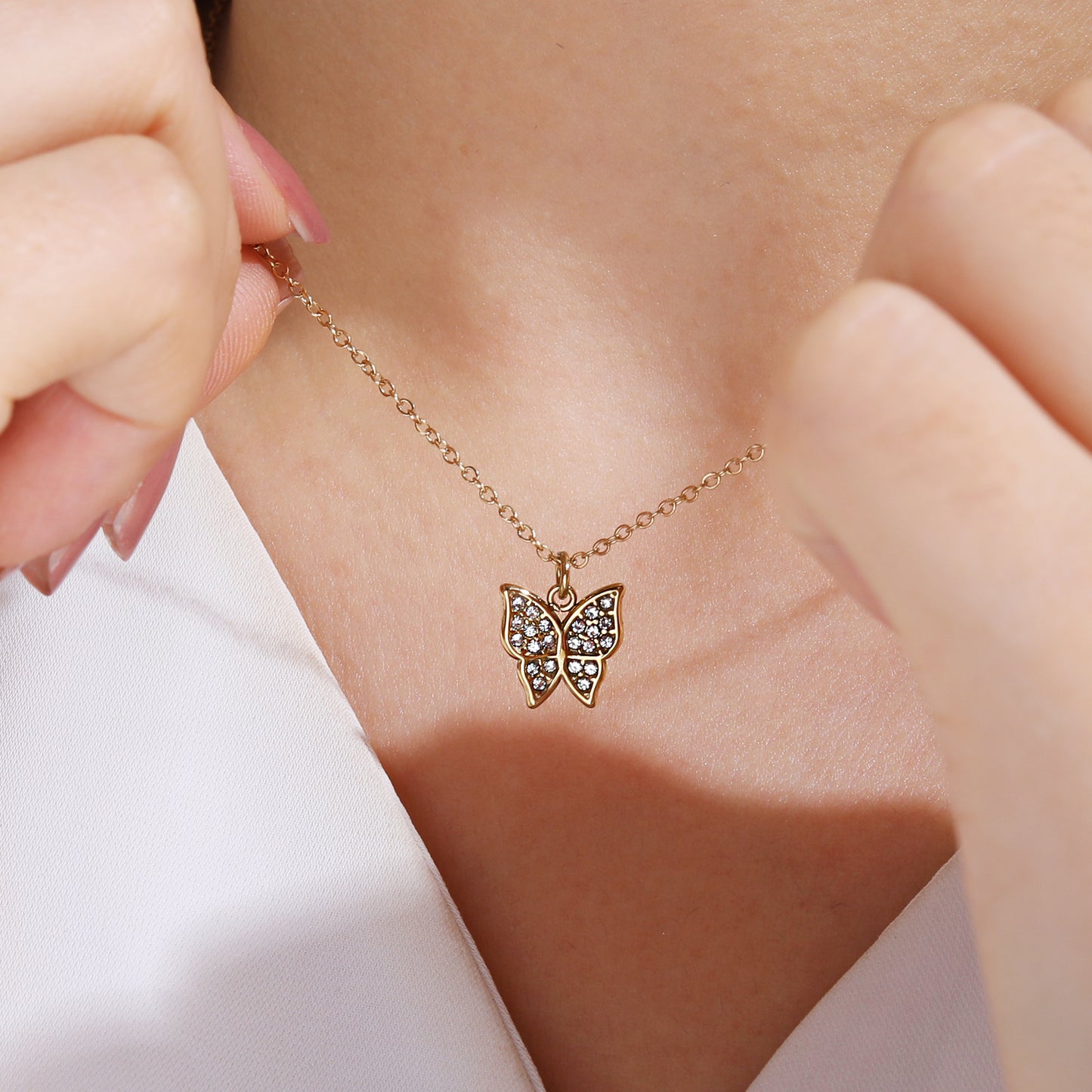 Dainty Pave Crystal Butterfly Pendant Gold Necklace