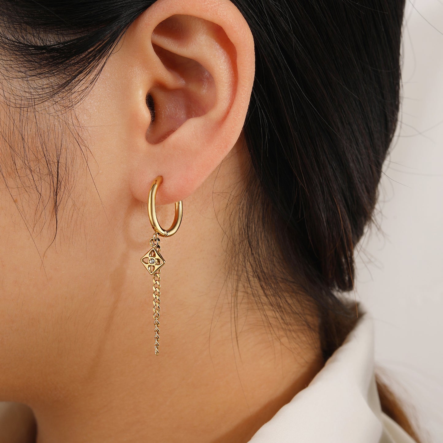 Gold Dangle Drop Hoop Earrings with Link