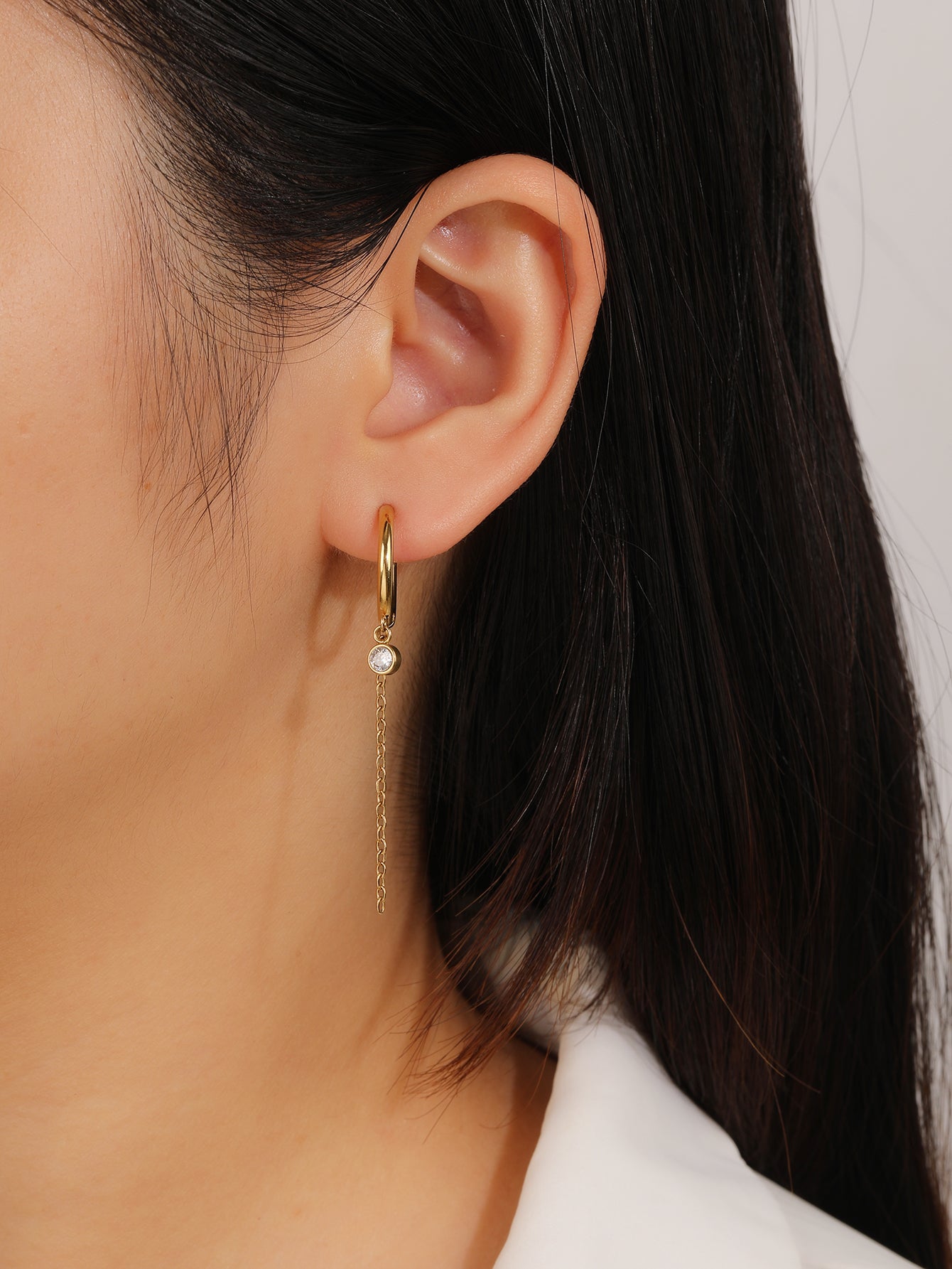 Tiny Huggie Hoop Chain Earrings with CZ