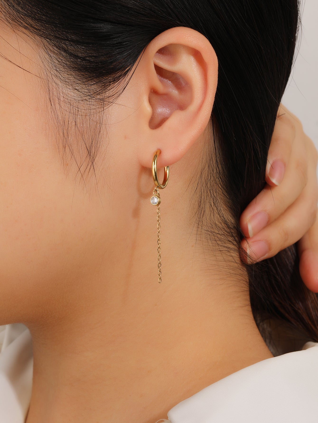 Tiny Huggie Hoop Chain Earrings with CZ