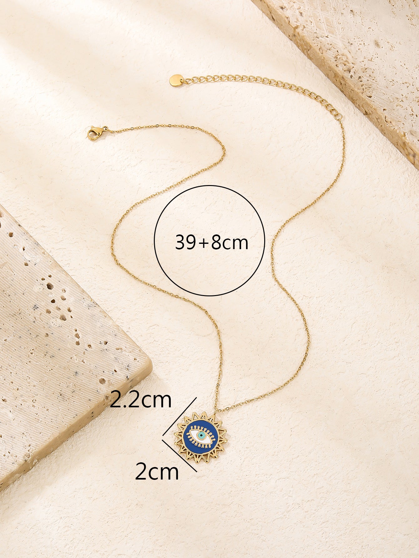Gold Blue Enamel Evil Eye Sunburst Pendant Necklace