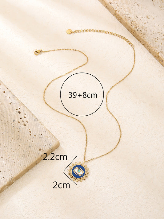 Gold Blue Enamel Evil Eye Sunburst Pendant Necklace