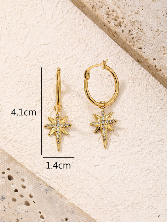 Gold Pave North Star Dangle Hoop Earrings