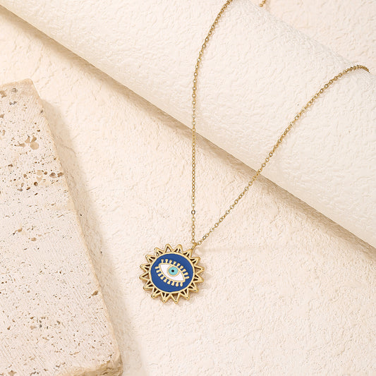 Gold Blue Enamel Evil Eye Sunburst Pendant Necklace