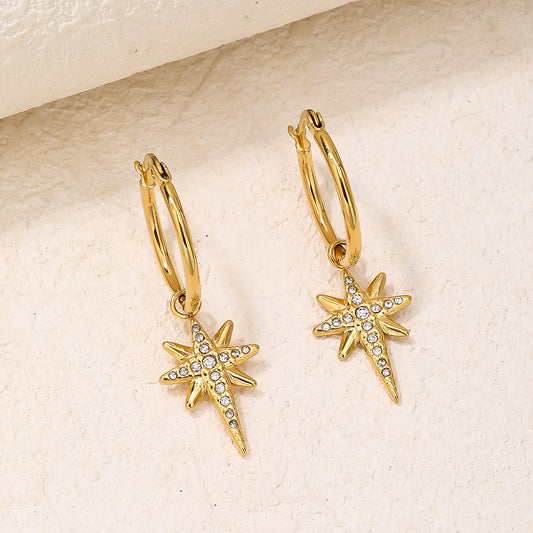 Gold Pave North Star Dangle Hoop Earrings