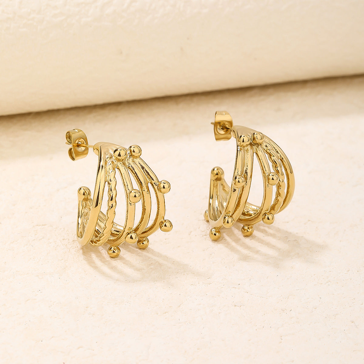Chunky Gold Multi-Layer Beaded Half Hoop Earrings
