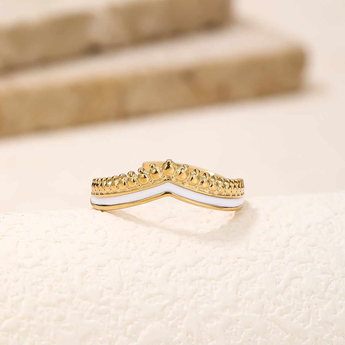 Minimalist Gold White Enamel Chevron Stacking Ring