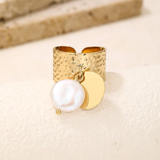 Gold Hammered Pearl Charm Wide Statement Ring