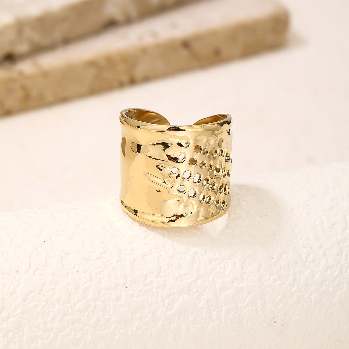 Gold Wide Hammered Cutout Adjustable Statement Ring
